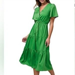 Adelyn‎ Rae Green Midi Dress Flutter Sleeve Tiered V Neck Wrap Belted Size L